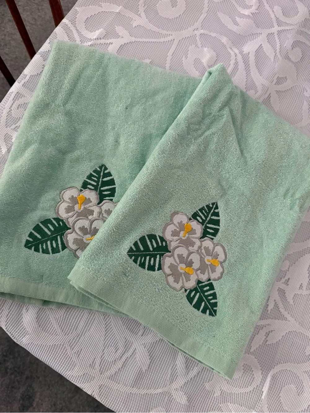 Embroidered Plumeria Hand Towels - Seafoam Green